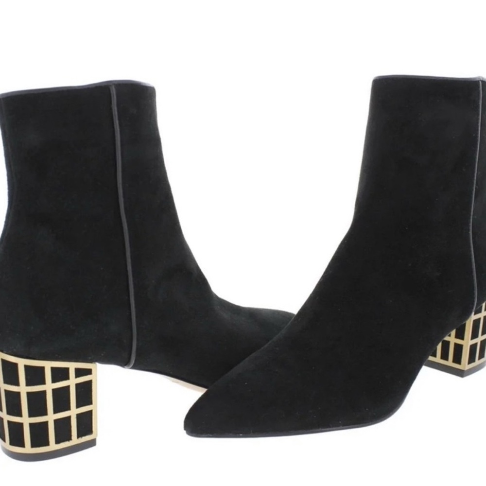 Brian Atwood Black Ankle Boots with Gold Heel.